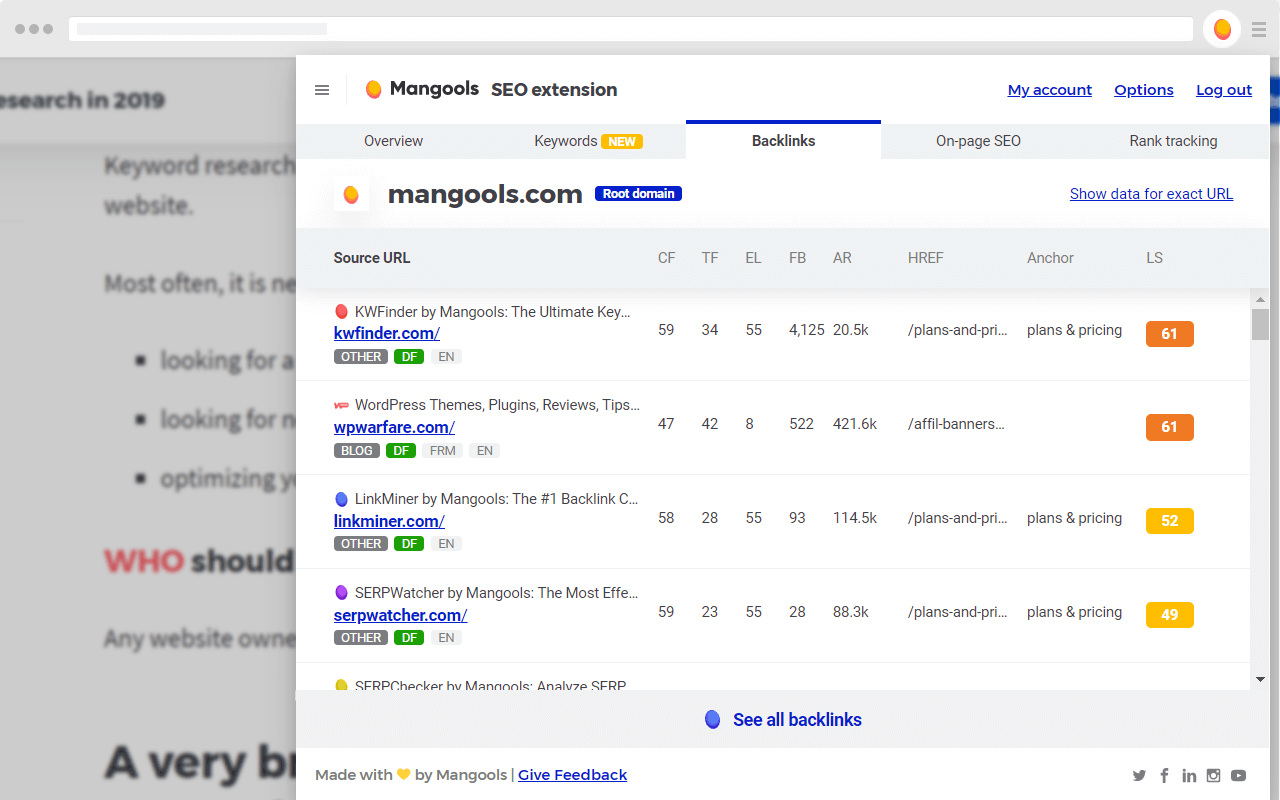 Screenshot of SEO extension by Mangools