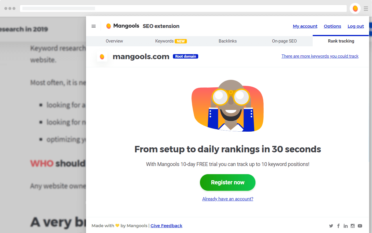 Screenshot of SEO extension by Mangools