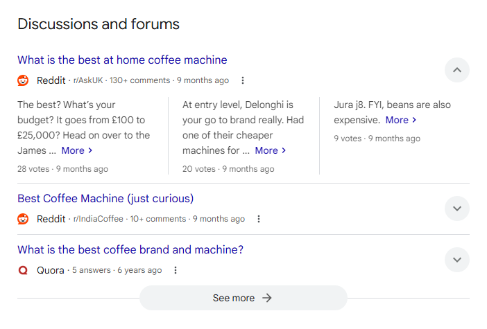 Google SERP featuring Reddit posts