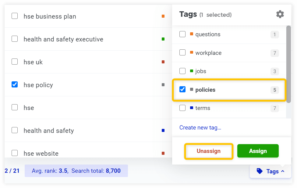 Remove tag from a selected keyword