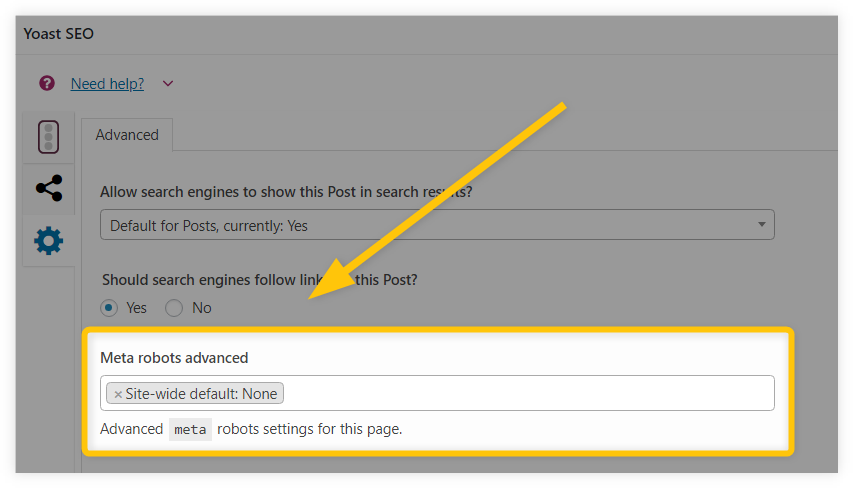 meta robots tags in Yoast SEO - example