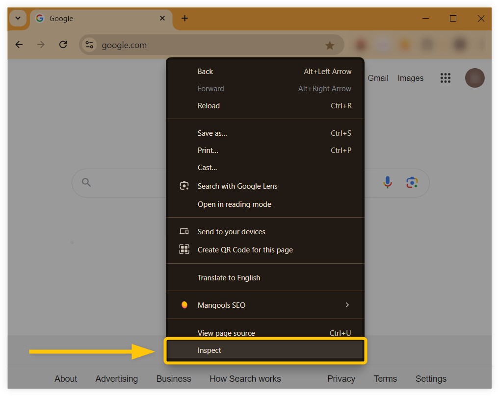 Right-click on the screen of your browser and select the βInspectβ option or press Ctrl + Shift + I.