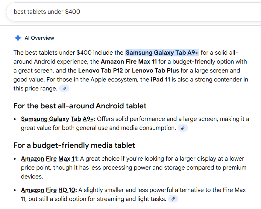 AI overviews example for keyword - best tablets under $400