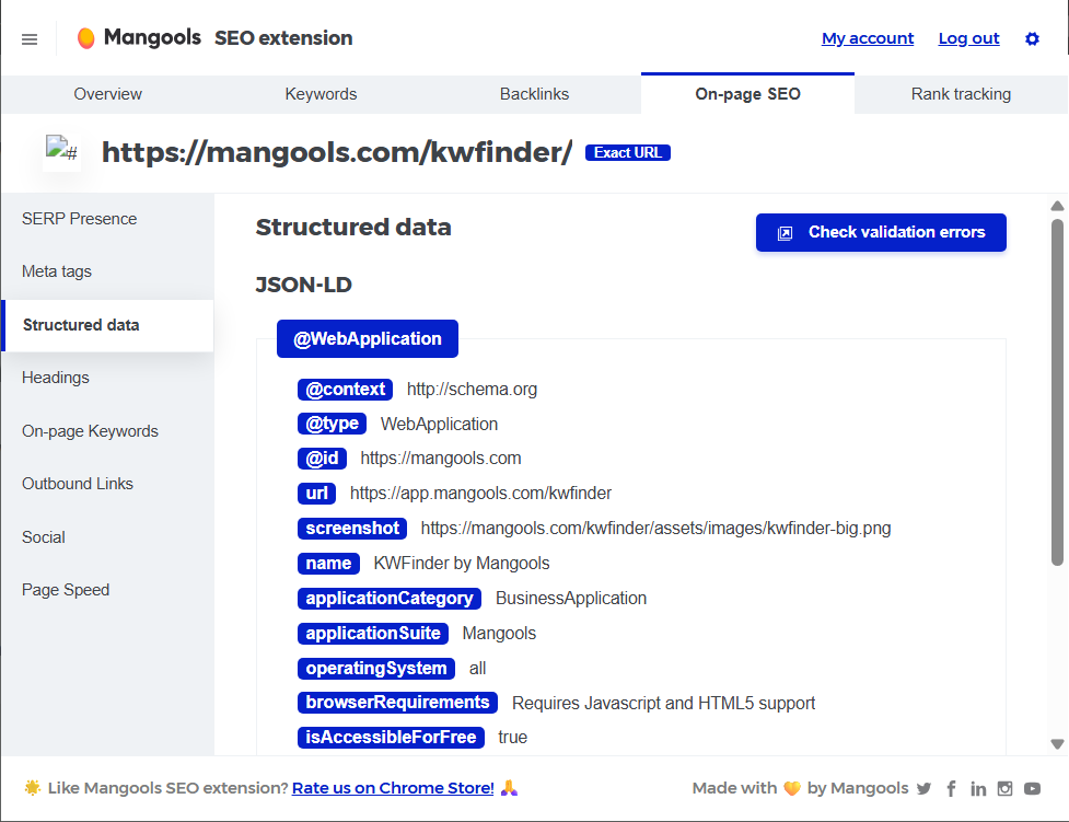Structured data in Mangools browser extension - example